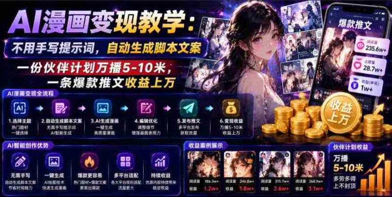 AI漫画变现教学：不用手写提示词，自动生成脚本文案，一份伙伴计划万播5-10米，一条爆款推文收益上W-金启创业网 - 网上赚钱方法教程大全 - www.jinqi6.top