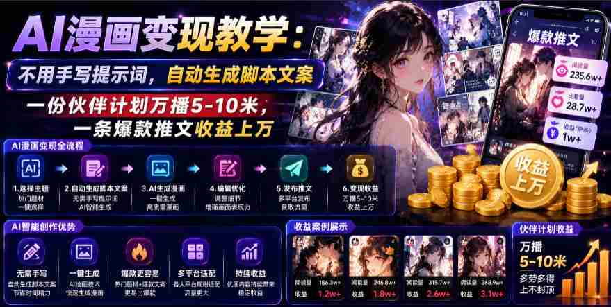 AI漫画变现教学：不用手写提示词，自动生成脚本文案，一份伙伴计划万播5-10米，一条爆款推文收益上W-金启创业网 - 网上赚钱方法教程大全 - www.jinqi6.top