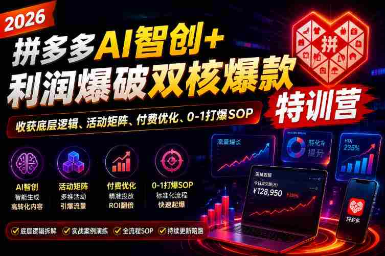 2026拼多多AI智创+利润爆破双核爆款特训营，收获底层逻辑、活动矩阵、付费优化、0-1打爆SOP-金启创业网 - 网上赚钱方法教程大全 - www.jinqi6.top