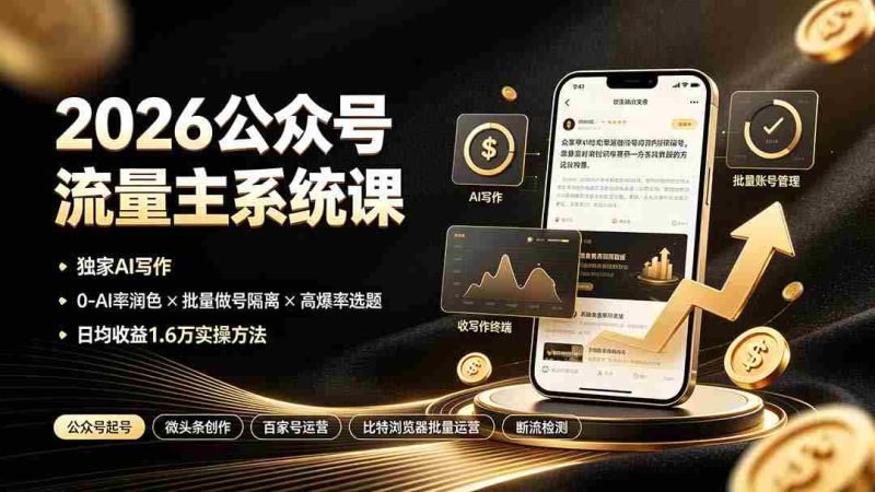（19405期）2026公众号流量主系统课：独家AI写作×0-AI率润色×批量做号隔离×高爆率选题，日均收益1.6万实操方法-金启创业网 - 网上赚钱方法教程大全 - www.jinqi6.top