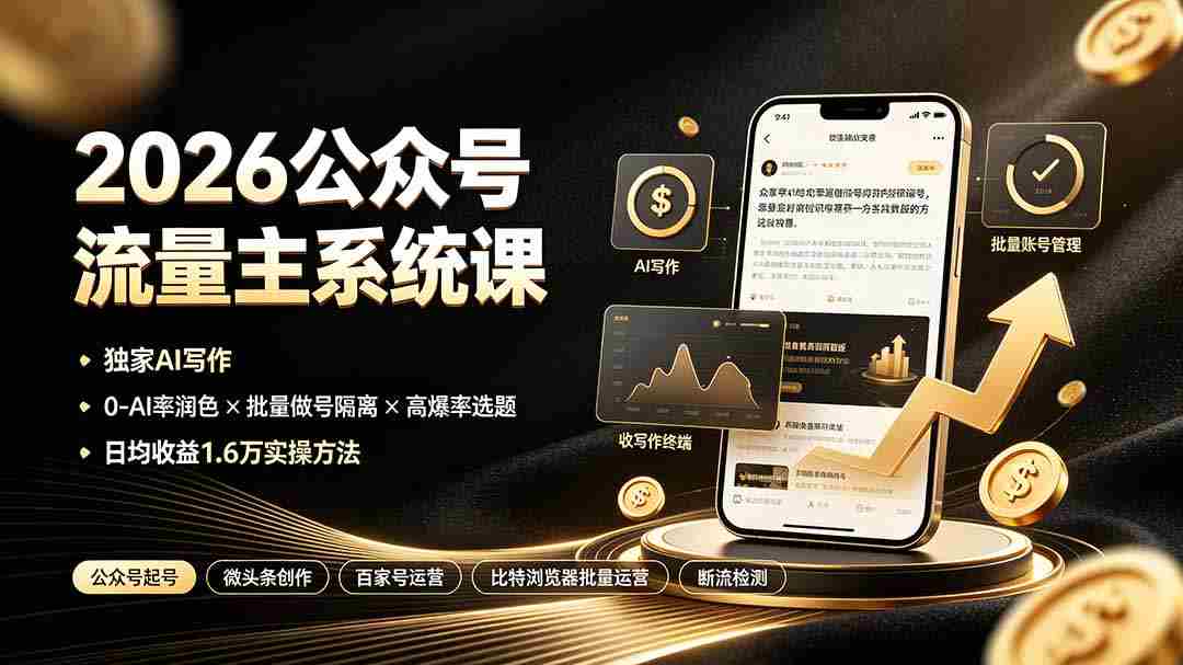 （19405期）2026公众号流量主系统课：独家AI写作×0-AI率润色×批量做号隔离×高爆率选题，日均收益1.6万实操方法-金启创业网 - 网上赚钱方法教程大全 - www.jinqi6.top