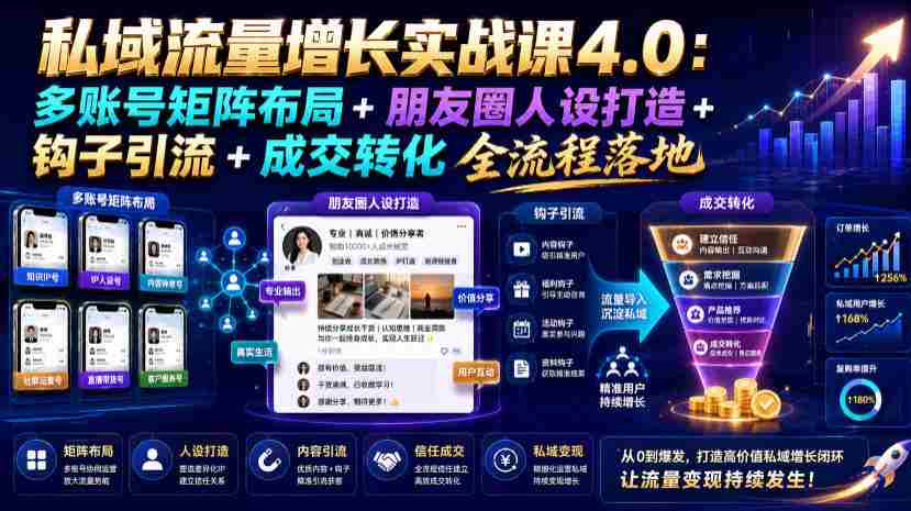 私域流量增长实战课4.0：多账号矩阵布局+朋友圈人设打造+钩子引流+成交转化全流程落地-金启创业网 - 网上赚钱方法教程大全 - www.jinqi6.top
