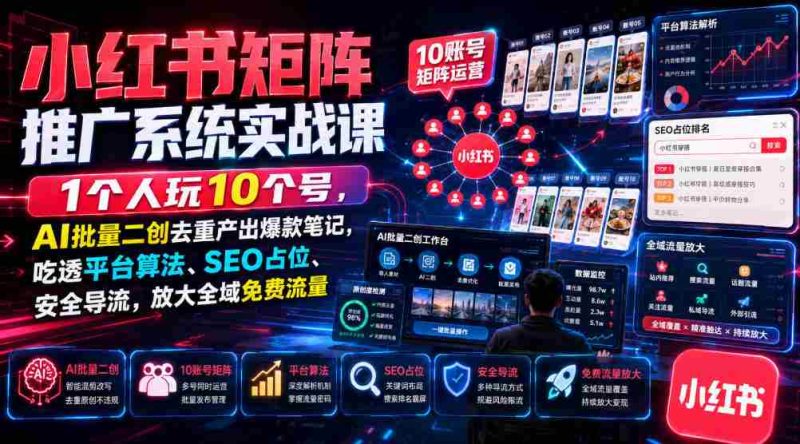 小红书矩阵推广系统实战课｜1个人玩10个号，AI批量二创去重产出爆款笔记，吃透平台算法、SEO占位、安全导流，放大全域免费流量-金启创业网 - 网上赚钱方法教程大全 - www.jinqi6.top