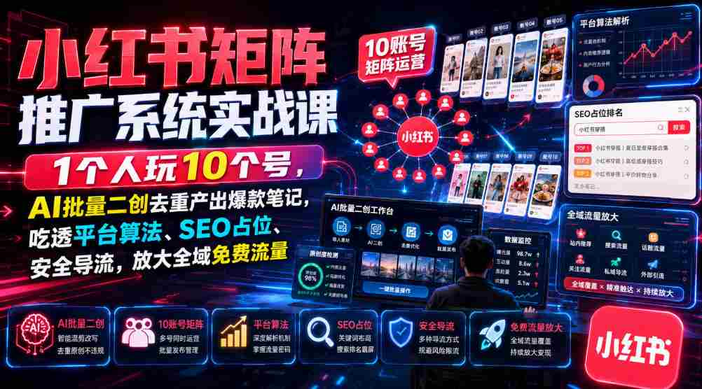 小红书矩阵推广系统实战课｜1个人玩10个号，AI批量二创去重产出爆款笔记，吃透平台算法、SEO占位、安全导流，放大全域免费流量-金启创业网 - 网上赚钱方法教程大全 - www.jinqi6.top