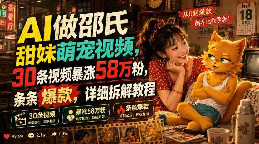 AI做邵氏甜妹萌宠视频，30条视频暴涨58万粉，条条爆款，详细拆解教程-金启创业网 - 网上赚钱方法教程大全 - www.jinqi6.top
