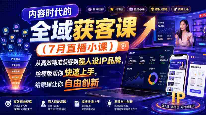 内容时代的全域获客课（7月直播小课），从高效精准获客到强人设IP品牌，给模版帮你快速上手，给原理让你自由创新-金启创业网 - 网上赚钱方法教程大全 - www.jinqi6.top