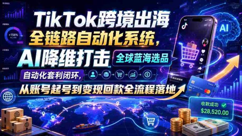 TikTok跨境出海全链路自动化系统，AI降维打击全球蓝海选品自动化套利闭环，从账号起号到变现回款全流程落地（2026年7月）-金启创业网 - 网上赚钱方法教程大全 - www.jinqi6.top