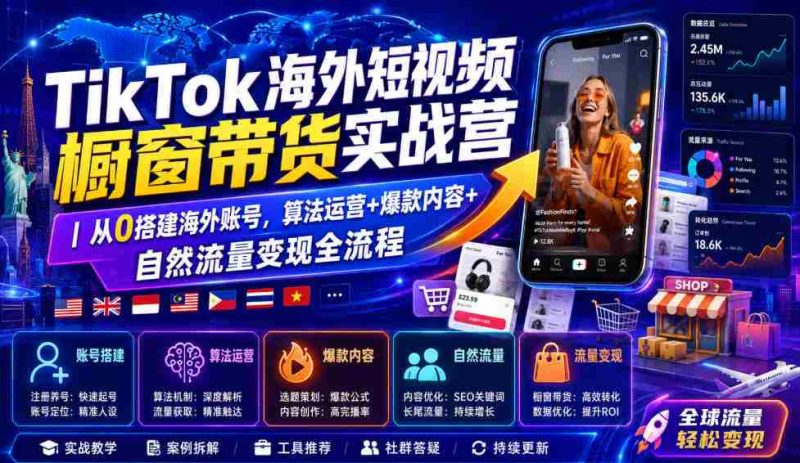 TikTok海外短视频橱窗带货实战营｜从0搭建海外账号，算法运营+爆款内容+自然流量变现全流程-金启创业网 - 网上赚钱方法教程大全 - www.jinqi6.top