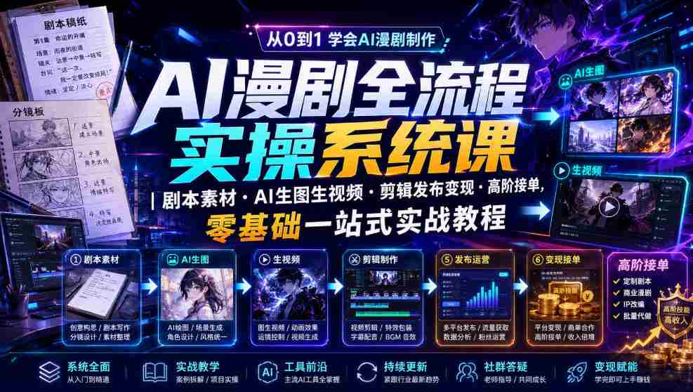 AI漫剧全流程实操系统课｜剧本素材・AI生图生视频・剪辑发布变现・高阶接单，零基础一站式实战教程-金启创业网 - 网上赚钱方法教程大全 - www.jinqi6.top