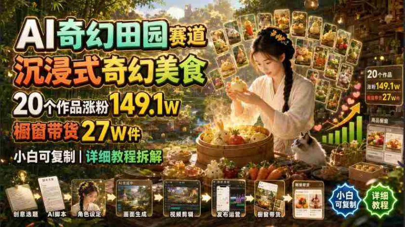 AI奇幻田园赛道，沉浸式奇幻美食，20个作品涨粉149.1W，橱窗带货27W件，小白可复制，详细教程拆解-金启创业网 - 网上赚钱方法教程大全 - www.jinqi6.top