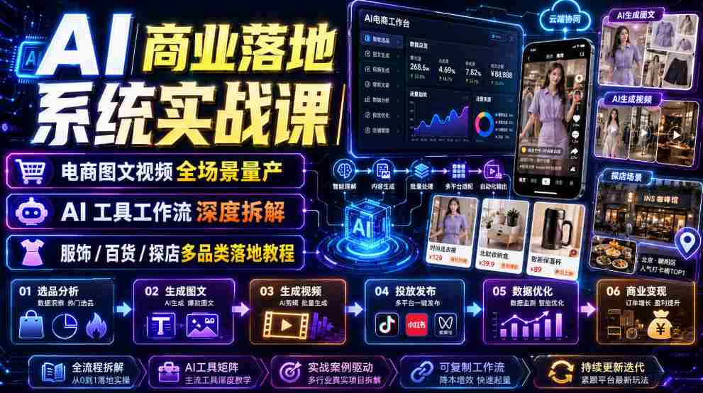 AI商业落地系统实战课｜电商图文视频全场景量产・AI工具工作流深度拆解・服饰/百货/探店多品类落地教程-金启创业网 - 网上赚钱方法教程大全 - www.jinqi6.top