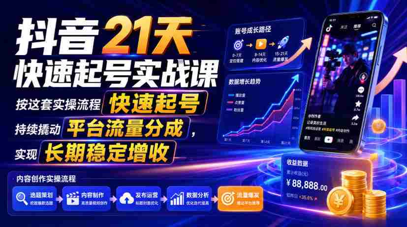 抖音21天快速起号实战课，按这套实操流程快速起号，持续撬动平台流量分成，实现长期稳定增收-金启创业网 - 网上赚钱方法教程大全 - www.jinqi6.top