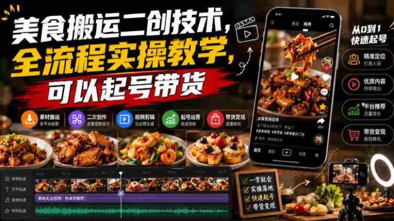 美食搬运二创技术，全流程实操教学，可以起号带货-金启创业网 - 网上赚钱方法教程大全 - www.jinqi6.top