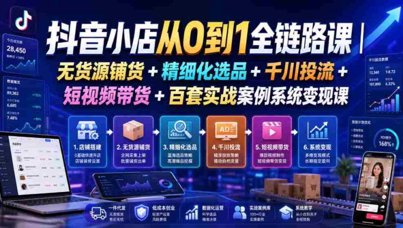 抖音小店从0到1全链路课｜无货源铺货+精细化选品+千川投流+短视频带货+百套实战案例系统变现课（2026年7月更新）-金启创业网 - 网上赚钱方法教程大全 - www.jinqi6.top