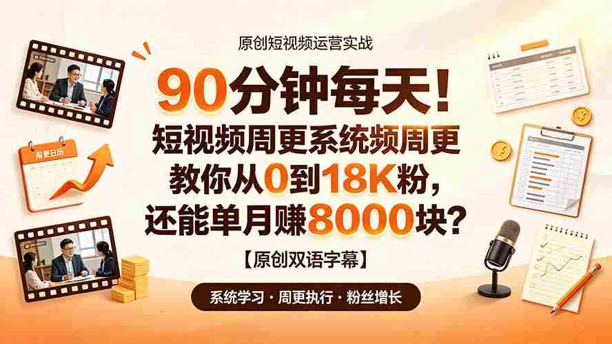 （19265期）90 分钟每天！短视频周更系统教你从 0 到 18K 粉，还能单月赚 8000 块？【原创双语字幕】-金启创业网 - 网上赚钱方法教程大全 - www.jinqi6.top