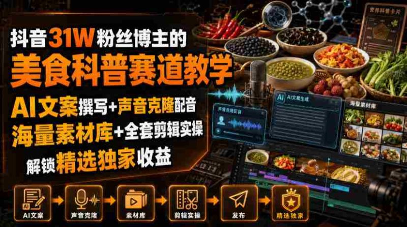 抖音31W粉丝博主的美食科普赛道教学，AI文案撰写+声音克隆配音+剪辑实操，解锁精选独家收益-金启创业网 - 网上赚钱方法教程大全 - www.jinqi6.top