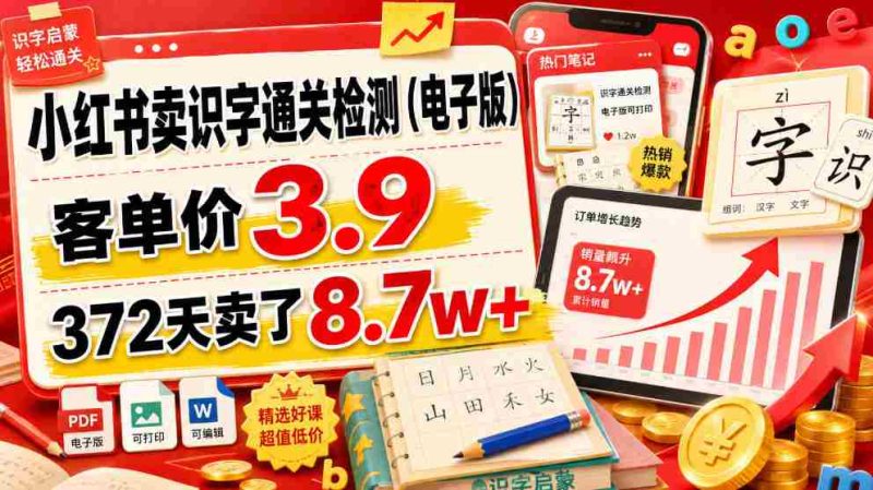 小红书卖识字通关检测（电子版），客单价3.9，372天卖了8.7w+-金启创业网 - 网上赚钱方法教程大全 - www.jinqi6.top