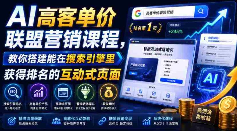 AI高客单价联盟营销课程，教你搭建能在搜索引擎里获得排名的互动式页面，引来流量，把访客转化为高佣金的成交【原创双语字幕】-金启创业网 - 网上赚钱方法教程大全 - www.jinqi6.top