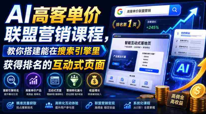 AI高客单价联盟营销课程，教你搭建能在搜索引擎里获得排名的互动式页面，引来流量，把访客转化为高佣金的成交【原创双语字幕】-金启创业网 - 网上赚钱方法教程大全 - www.jinqi6.top