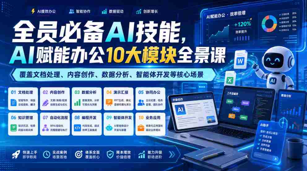 全员必备AI技能，AI赋能办公10大模块全景课，覆盖文档处理、内容创作、数据分析、智能体开发等核心场景-金启创业网 - 网上赚钱方法教程大全 - www.jinqi6.top