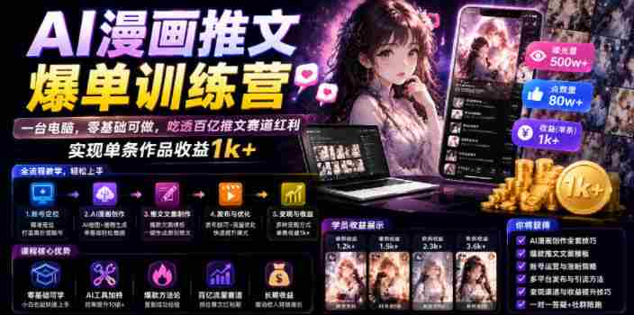 AI漫画推文爆单训练营，一台电脑，零基础可做，吃透百亿推文赛道红利，实现单条作品收益1k+-金启创业网 - 网上赚钱方法教程大全 - www.jinqi6.top