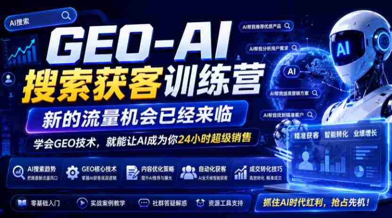 GEO-AI搜索获客训练营，新的流量机会已经来临，学会GEO技术，就能让AI成为你24小时超级销售-金启创业网 - 网上赚钱方法教程大全 - www.jinqi6.top