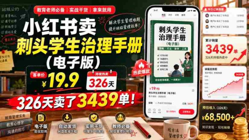 小红书卖刺头学生治理手册（电子版），客单价19.9，326天卖了3439单！-金启创业网 - 网上赚钱方法教程大全 - www.jinqi6.top