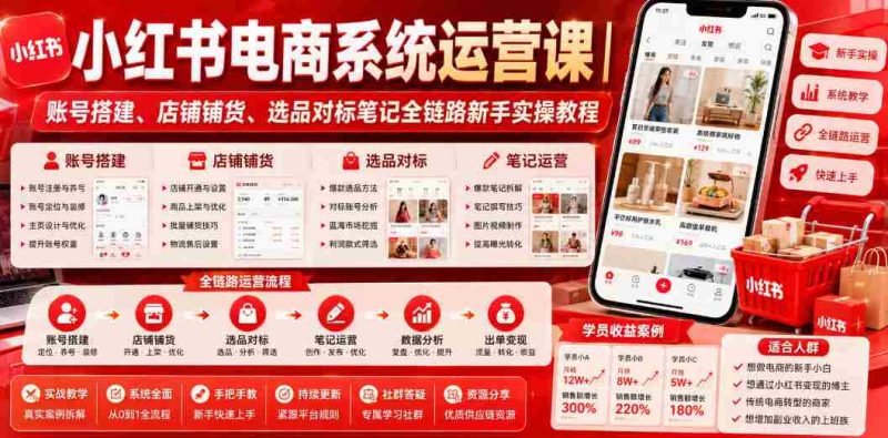 小红书电商系统运营课｜账号搭建、店铺铺货、选品对标笔记全链路新手实操教程-金启创业网 - 网上赚钱方法教程大全 - www.jinqi6.top