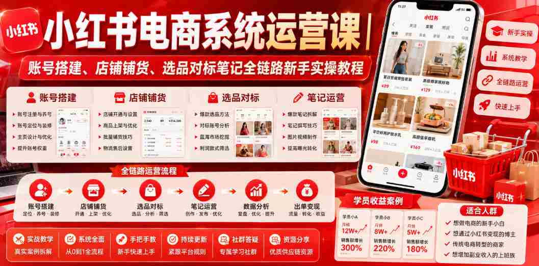 小红书电商系统运营课｜账号搭建、店铺铺货、选品对标笔记全链路新手实操教程-金启创业网 - 网上赚钱方法教程大全 - www.jinqi6.top