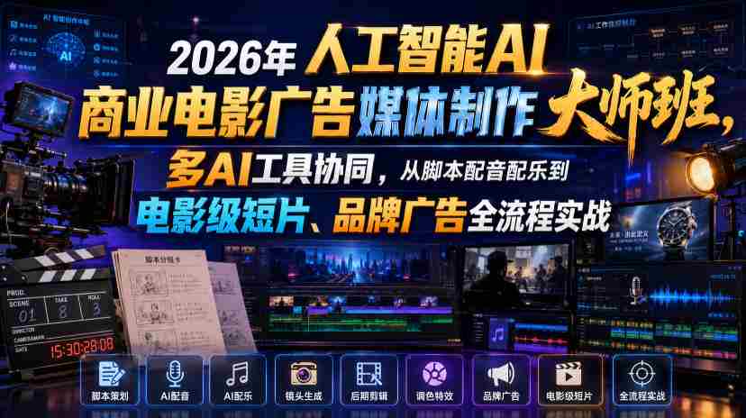 2026年人工智能AI商业电影广告媒体制作大师班，多AI工具协同，从脚本配音配乐到电影级短片、品牌广告全流程实战（中英字幕）-金启创业网 - 网上赚钱方法教程大全 - www.jinqi6.top