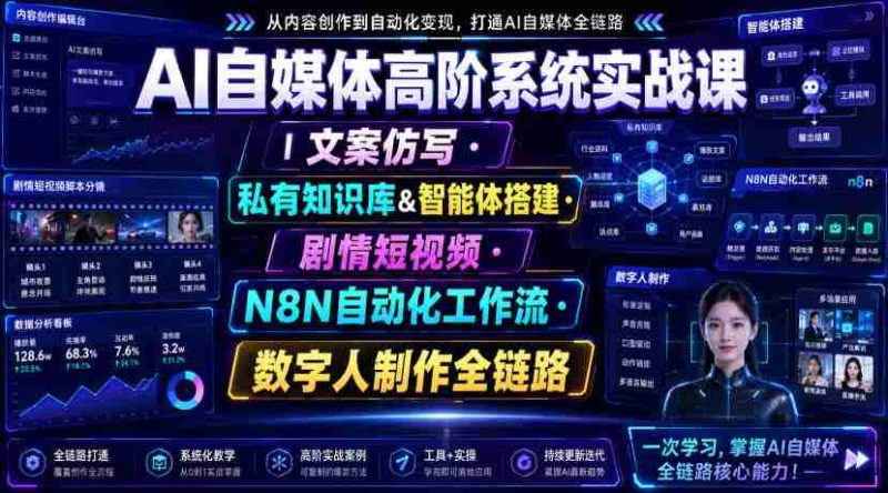AI自媒体高阶系统实战课｜文案仿写・私有知识库&智能体搭建・剧情短视频・N8N自动化工作流・数字人制作全链路-金启创业网 - 网上赚钱方法教程大全 - www.jinqi6.top