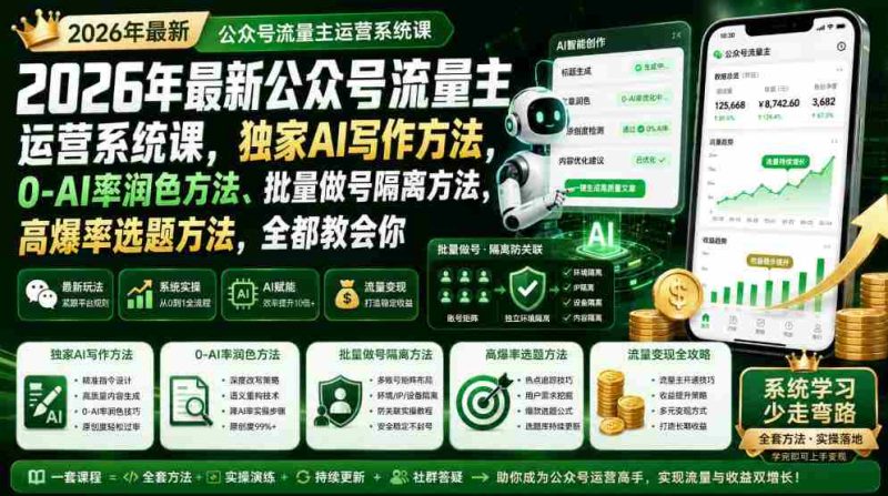 2026年最新公众号流量主运营系统课，独家AI写作方法，0-AI率润色方法、批量做号隔离方法、高爆率选题方法，全都教会你-金启创业网 - 网上赚钱方法教程大全 - www.jinqi6.top