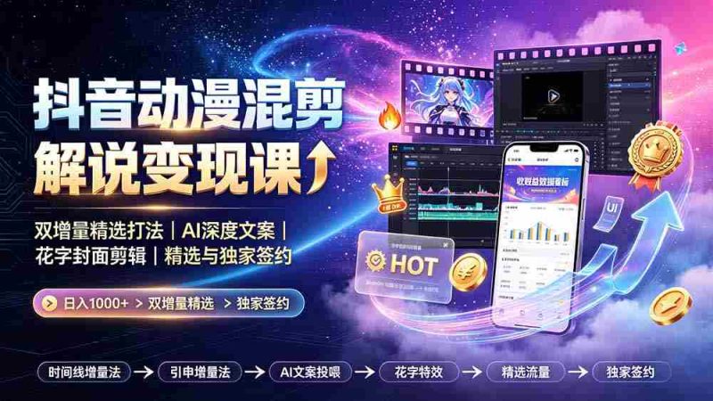 （19311期）抖音动漫混剪解说变现课：双增量精选打法｜AI深度文案｜花字封面剪辑｜ 精选与独家签约日入1000+-金启创业网 - 网上赚钱方法教程大全 - www.jinqi6.top