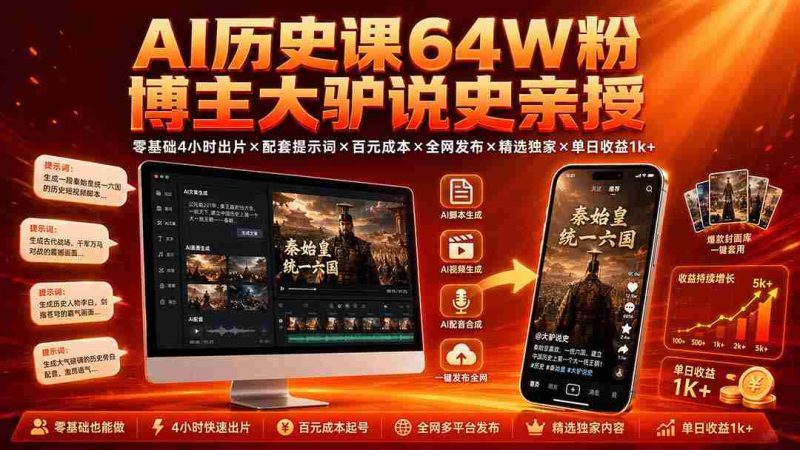 （19557期）AI历史课64W粉博主大驴说史亲授：零基础4小时出片×配套提示词×百元成本×全网发布×精选独家×单日收益1k+-金启创业网 - 网上赚钱方法教程大全 - www.jinqi6.top