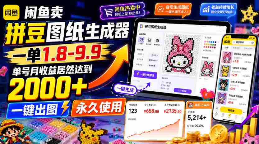 闲鱼卖拼豆图纸生成器，一单1.8-9.9，单号月收益居然达到2000+一键出图永久使用-金启创业网 - 网上赚钱方法教程大全 - www.jinqi6.top